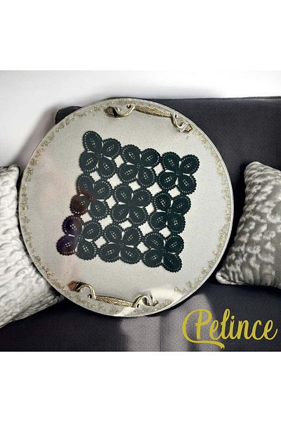 Home Epoxy Resin Lace Tray - Black Square Lace with Gold Stones - Diameter: 30 cm