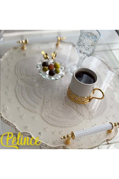 Home Epoxy Resin Lace Tray - Lace with Pearls - Diameter: 33 cm