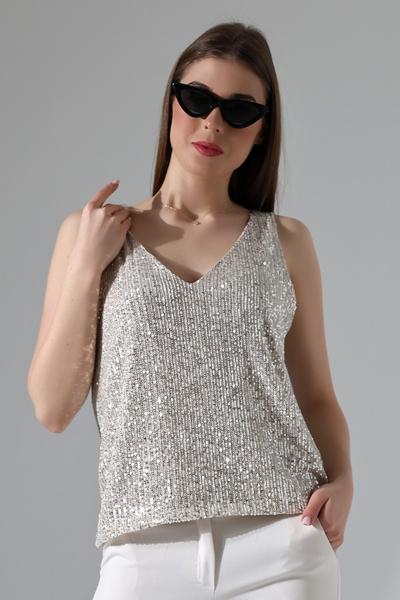 LOKADI Γυναικεία μπλούζα με παγιέτες V λαιμόκοψη