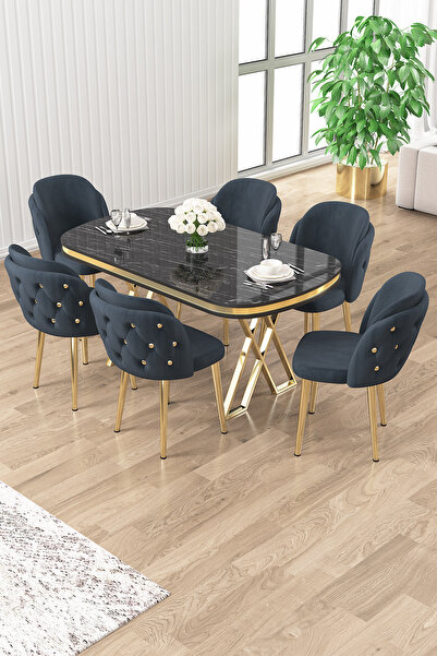 Canisa Zae Serisi 90x168 Lak Panel Siyah Mermer Desen Gold Ayak Masa Takımı 6...