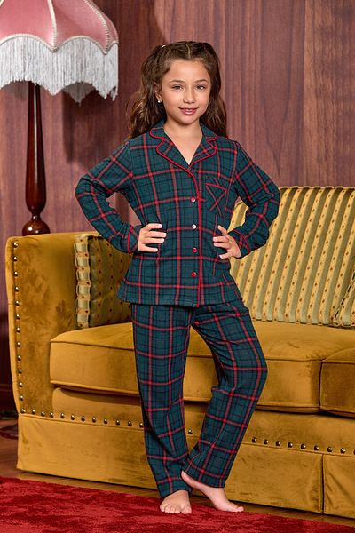 Aqua Plaid Pattern Long Sleeve Kids Shirt Pajamas Set