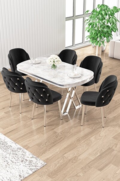 Canisa Zae Serisi 90x168 Lak Panel Beyaz Mermer Masa Krom Ayak Masa Takımı Ve 6 Siyah Sandalye
