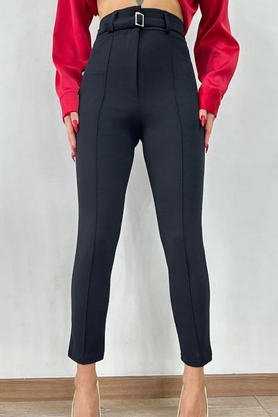 FEVİLLE Women's Black High Waist Recovery Narrow Leg Buckle Fabric Pants