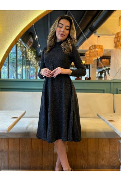 gelirr Women's Long Sleeve Turtleneck Belt Detail Soft Midi Dress