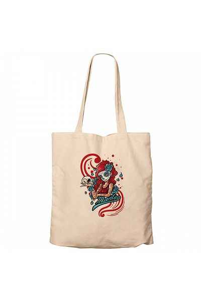 Z zepplin Model Girl with Red Tatto Cartoon Cream Zippered Cloth Bag Gabardine