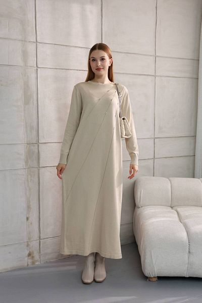 QUAWEAR Round Crew Neck Rhinestone Asymmetrical Pattern Full Length Stretchy Mercerized Fabric Hijab Dress