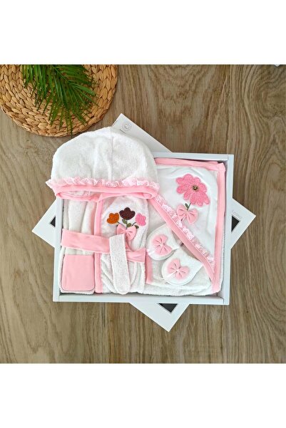 bebe kervanı Kız Bebek % 100 Pamuklu Fisto Detaylı Çiçekli Bornoz Takımı