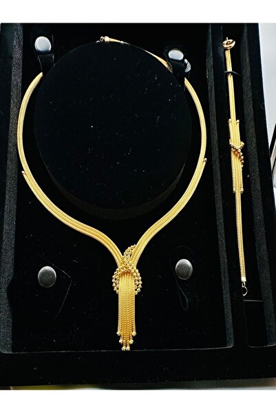 Adel Gold 14 Ayar Kadın Hasır Görünümlü Dorika Toplu İkili Kalze zincir Set_D 25,70-Gr
