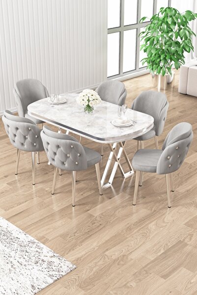 Canisa Zae Serisi 90x168 Lak Panel Beyaz Mermer Desen Masa Ayak Masa Takımı V...