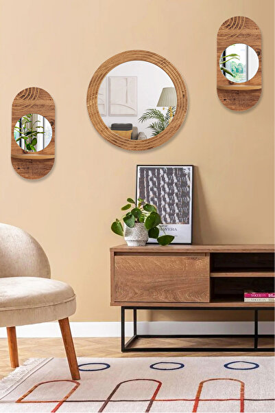 MONTESEV 3 lü Aynalı Duvar Rafı Seti Banyo Lavabo Aynası Dekoratif Ahşap Duva...