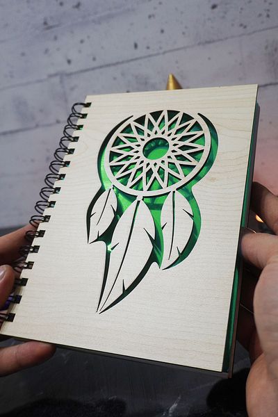 markcat Σημειωματάριο με μοτίβο Dreamcatcher με ξύλινο κάλυμμα - Agenda - Ημερολόγιο - Σημειωματάριο χωρίς γραμμή - Σημειωματάριο