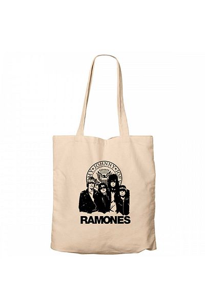 Z zepplin Ramones Logo and Group Cream Canvas Tote Bag