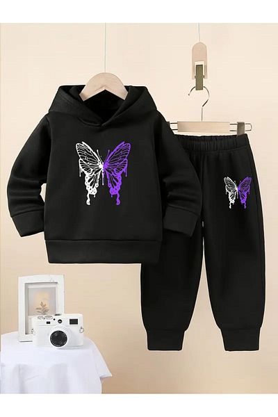 Elfa Tekstil ΛΕΥΚΟ ΜΩΒ Unisex Βαμβακερή Παιδική Φόρμα με κουκούλα - Βούτυρο εμπριμέ