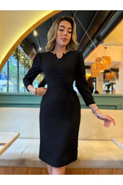 JANES Rochie de damă cu mânecă lungă, cu nasturi, cu centură, din crep importat