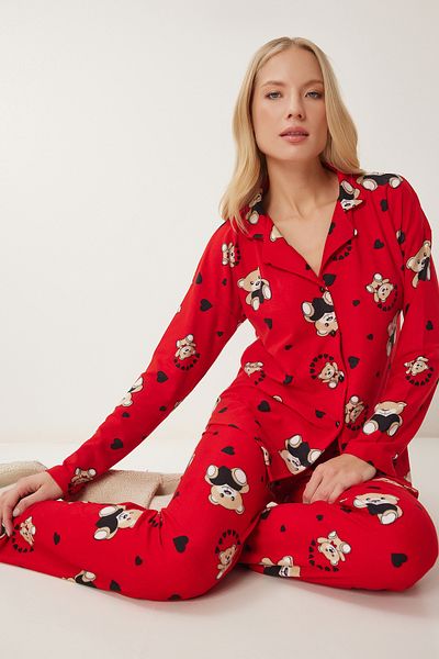 Lovelyİstanbul Red Knitted Pajamas Set - Teddy Bear Print Shirt and Pants Lpq0002