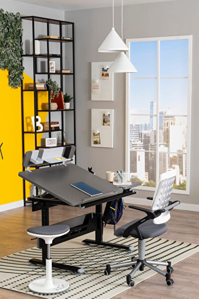 Creo Mobili Vega Advanced Profesyonel Ev Ofis Çalışma Masası, Yükseklik Ayarlı Masa + Sandalye - Antrasit/Gri