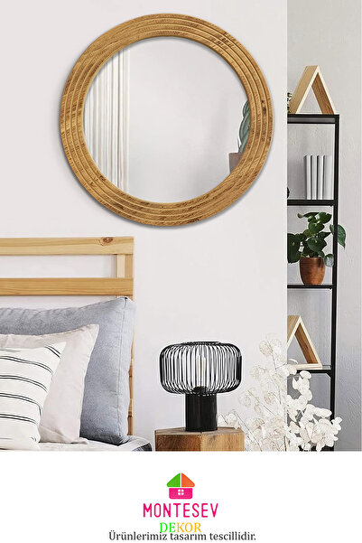 MONTESEV Antik Ahşap Dekoratif Ayna Yuvarlak Ayna Duvar Aynası Banyo Lavabo Aynası