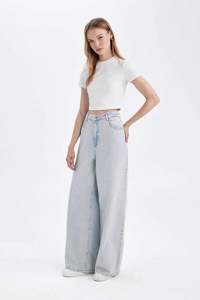 DeFacto Pantaloni largi, largi, cu talie normală, cu picior extra lat, spălați cu jeans D9227AX24WN