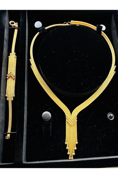 Adel Gold 14 Ayar Kadın  Hasır Görünümlü Dorika Toplu İkili Kalze zincir Set_C 29,97-Gr