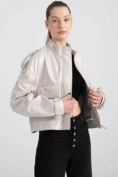 Lebeni Kısa Deri Ceket Mevsimlik Büyük Cepli Hakiki Deri Bomber Ceket İnci Be...