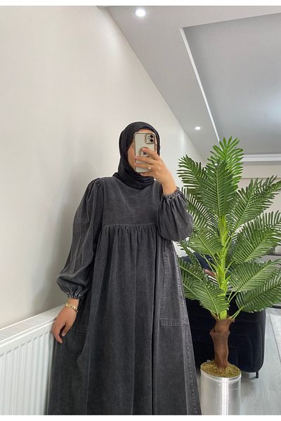 Aden aydın Sleeve Shirred Loose Comfortable Anthracite Gray Hijab Denim Dress - Jeans Dress