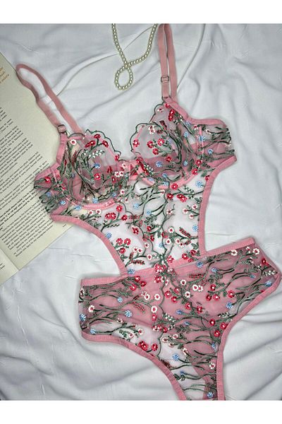 ROZENİN LINGERIE Body cu broderie cu model de ramuri roz - Special de Ziua Îndrăgostiților