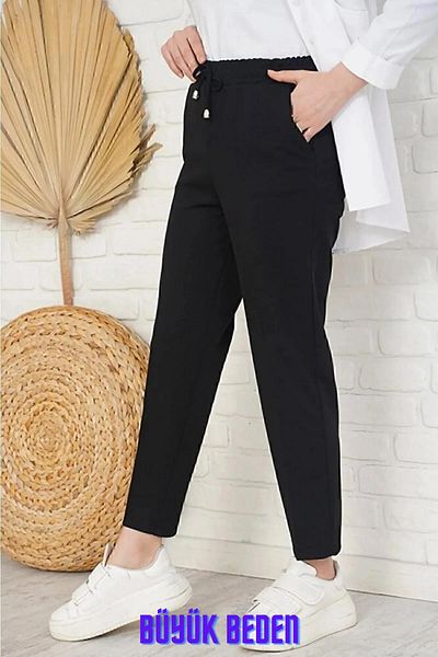 FEVİLLE Women's Black Carrot Leg Plus Size Crepe Fabric Lycra Trousers