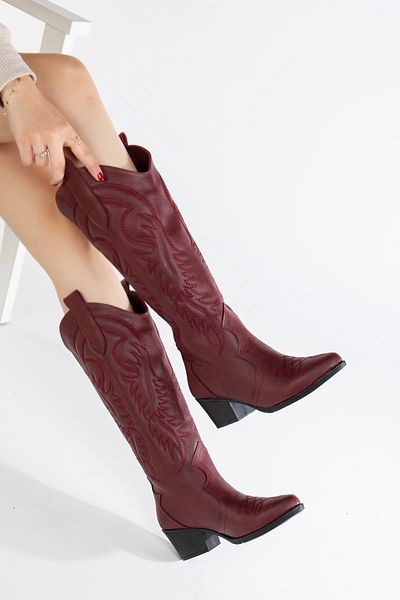 DENORA Cizme Western Cowboy din piele mată brodate roșu Claret - Design în relief