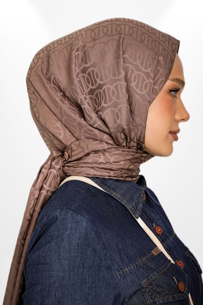 hijabchi Εισαγόμενο μοντέλο δαχτυλιδιού με μεταξένιο ζακάρ σάλι - Νέες συλλογές - Καφέ