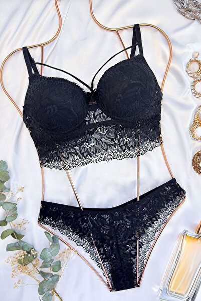 AR&ES tekstil 13036-1 Destekli Dantelli Bralet Takım Siyah Renk Çeyiz - Yılba...