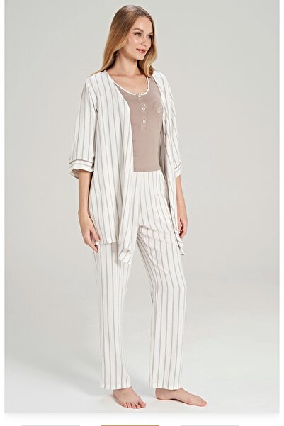 KÜBRAHOME'S Kadın 3PARÇA  Pijama Takımı 5069BEJ Bej