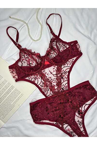 ROZENİN LINGERIE Μπορντό Δαντέλα Μπροντέ Floral Underwire Καπάκι Διαφανές κορμάκι