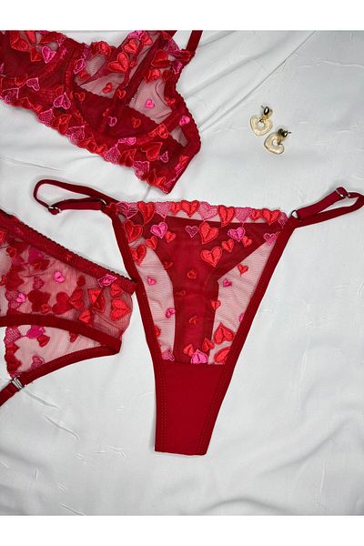 ROZENİN LINGERIE Red Heart Set of 3 Lace Bra Set