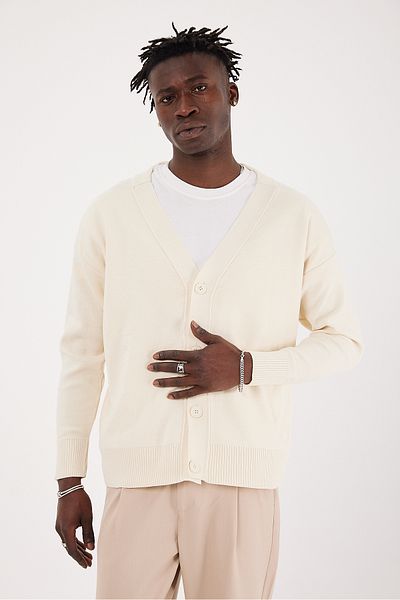 EKSİ-1 Men's V-Neck Buttoned Basic Knitwear Cardigan
