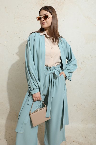 ZÜLAYS Turquoise Shoulder Detailed Abaya Double Set