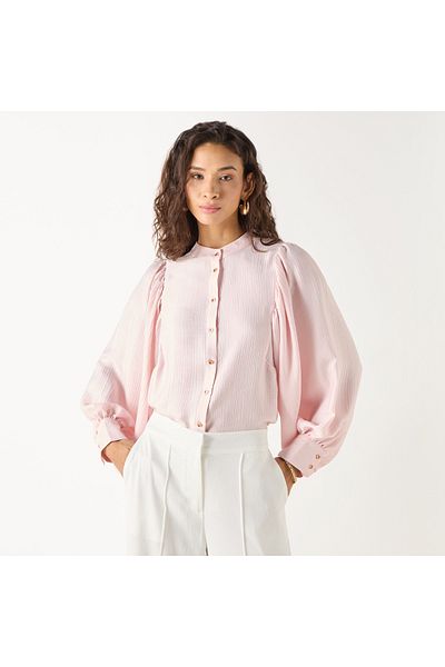 Iconic Textured Mandarin Collar Shirt With Long Sleeves