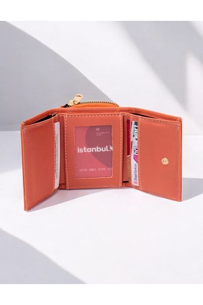 STİLE UNİCO Orange Mini Stylish Multi-Eyed Zipper Classic Wallet