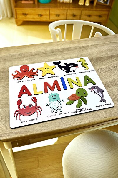 WMTasarim Çocuklara Özel Isimli Figürlü Ahşap Eğitici Yapboz Puzzle Deniz Hay...
