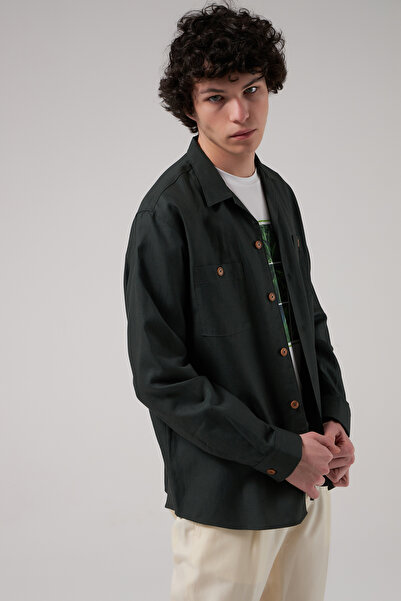 Tween Relaxed Fit Haki Keten Karışımlı Kumaş Ceket