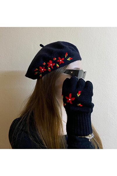 sema aksesuar Valentine's Day Gift Handmade Red Floral Embroidery Black Painter Beret, Short Gloves Set of 2