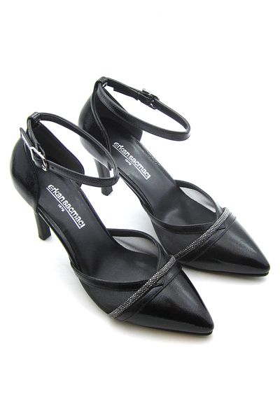 Erkan Saçmacı Kaylee Black Patent Leather Mesh Stone Stiletto