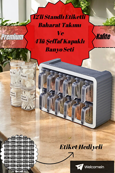 welcomein 12li Standlı Kendinden Yapışkanlı Kapaklı Kaşıklı Baharatlık Takımı...