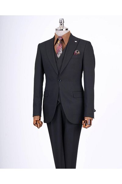TerziAdemAltun Black Slim Fit Italian Style Men's Suit - Jacket, Vest, Pants T13465