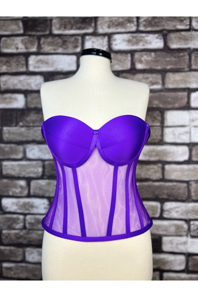 Metay Design Tül Transparan Korse & Büstiyer  Klasik Yaka - Mor