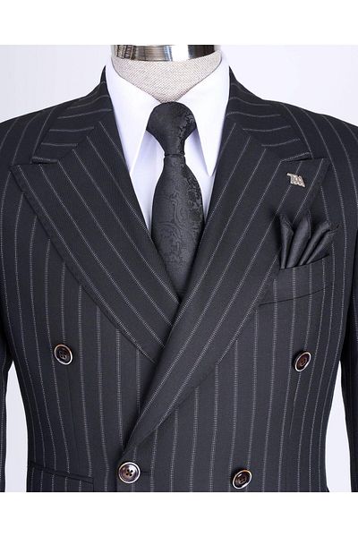 TerziAdemAltun Black Slim Fit Striped Double Breasted Jacket and Pants Set - T13491