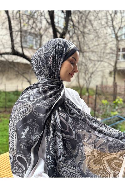 shalby Ethnic Patterned Soft Cotton Hijab Shawl - Gray & Khaki