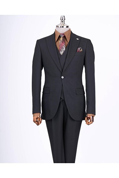 TerziAdemAltun Black Slim Fit Italian Style Men's Suit - Jacket, Vest, Pants T13465
