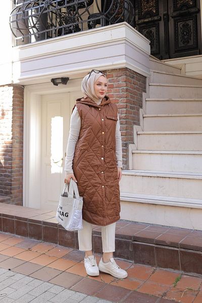 sehatex Women's Long Quilted Puffer Vest with Snap Detail