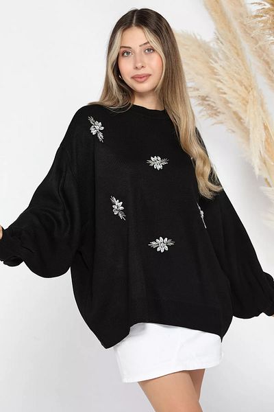 GÜLSELİ Pulover de damă cu tricotaje casual cu detalii în piatră - decolteu