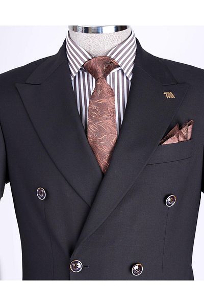 TerziAdemAltun Black Slim Fit Italian Style Double Breasted Jacket and Pants Set - T13524